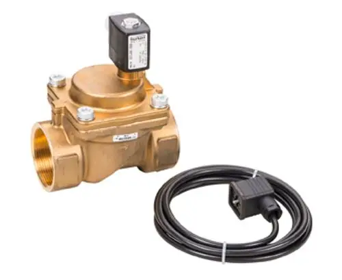 Bronzene Ventilbaugruppe mit Elektromagnet, verknüpft mit einem Kabel. Teil der Sicherheitseinrichtung von Grübeck, geeignet für bestimmte Systemkonfigurationen.